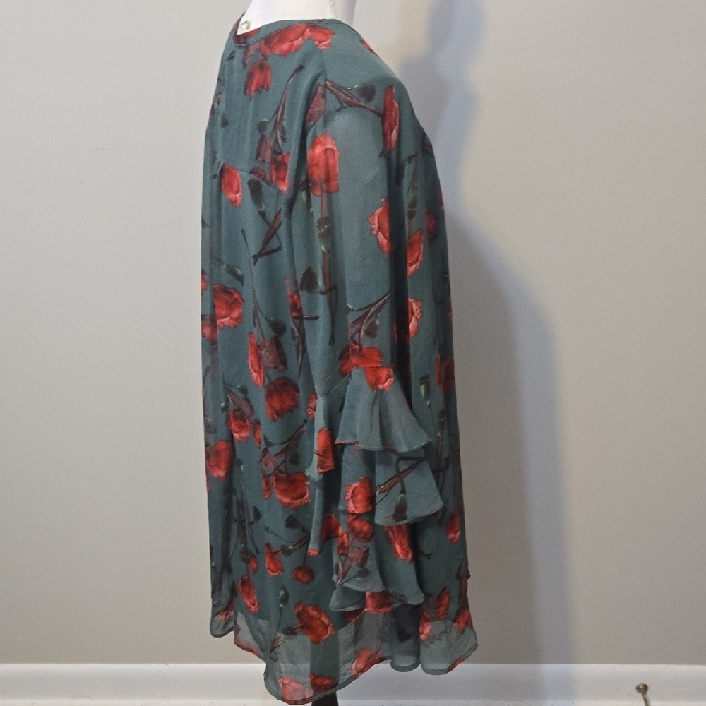 Umgee Red and Green Asymmetrical Bell Sleeve Mini Dress - Picture 8 of 10